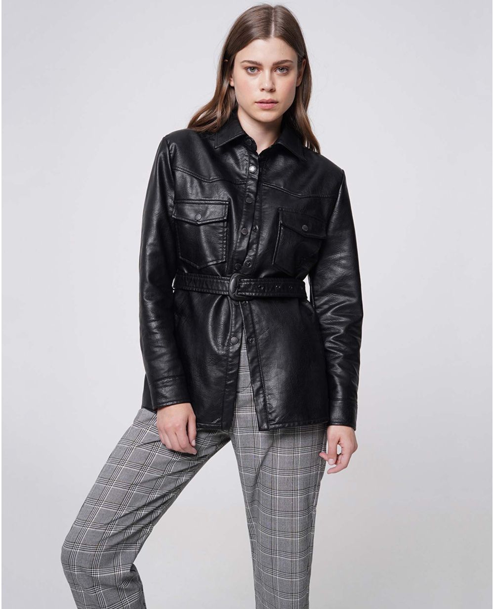 Chaqueta de cuero con cinturon Clearance