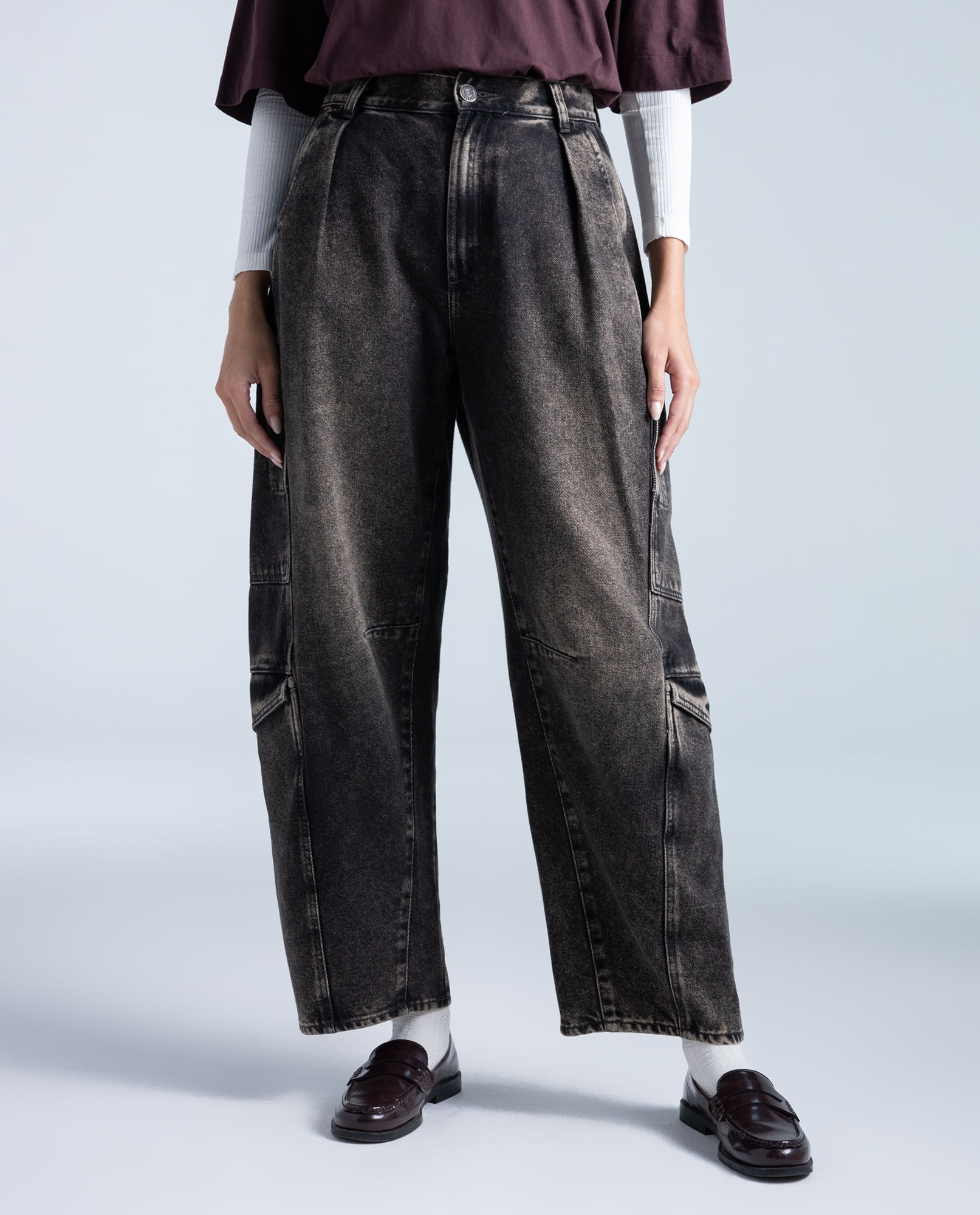 Jeans cargo en algodón tiro medio acabado vintage