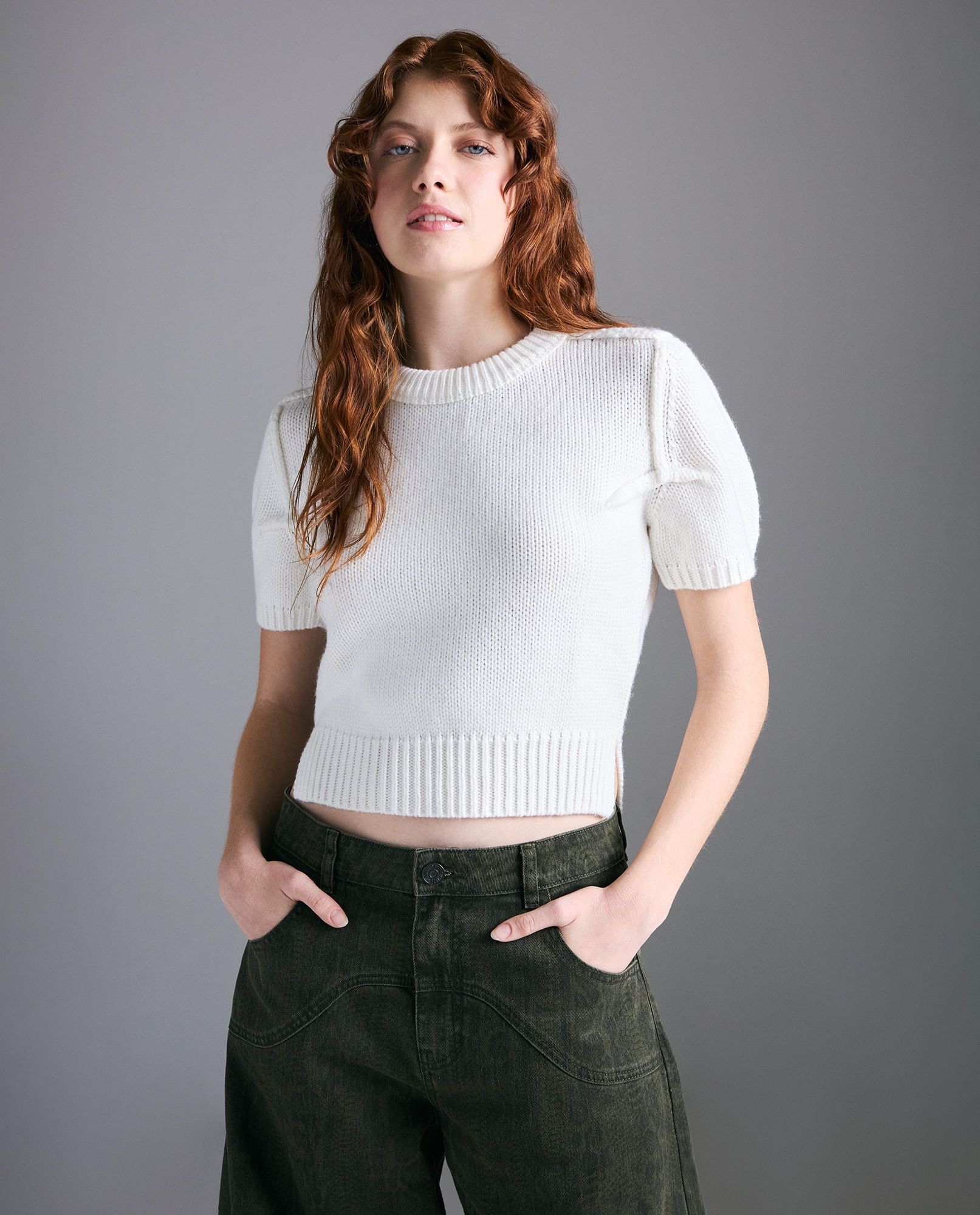 Camisa textura manga corta cuello redondo para mujer