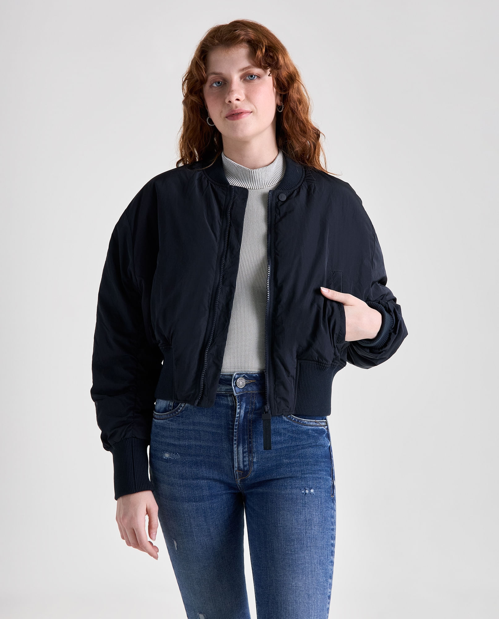 Chaqueta bomber poliamida estampado de flores para mujer