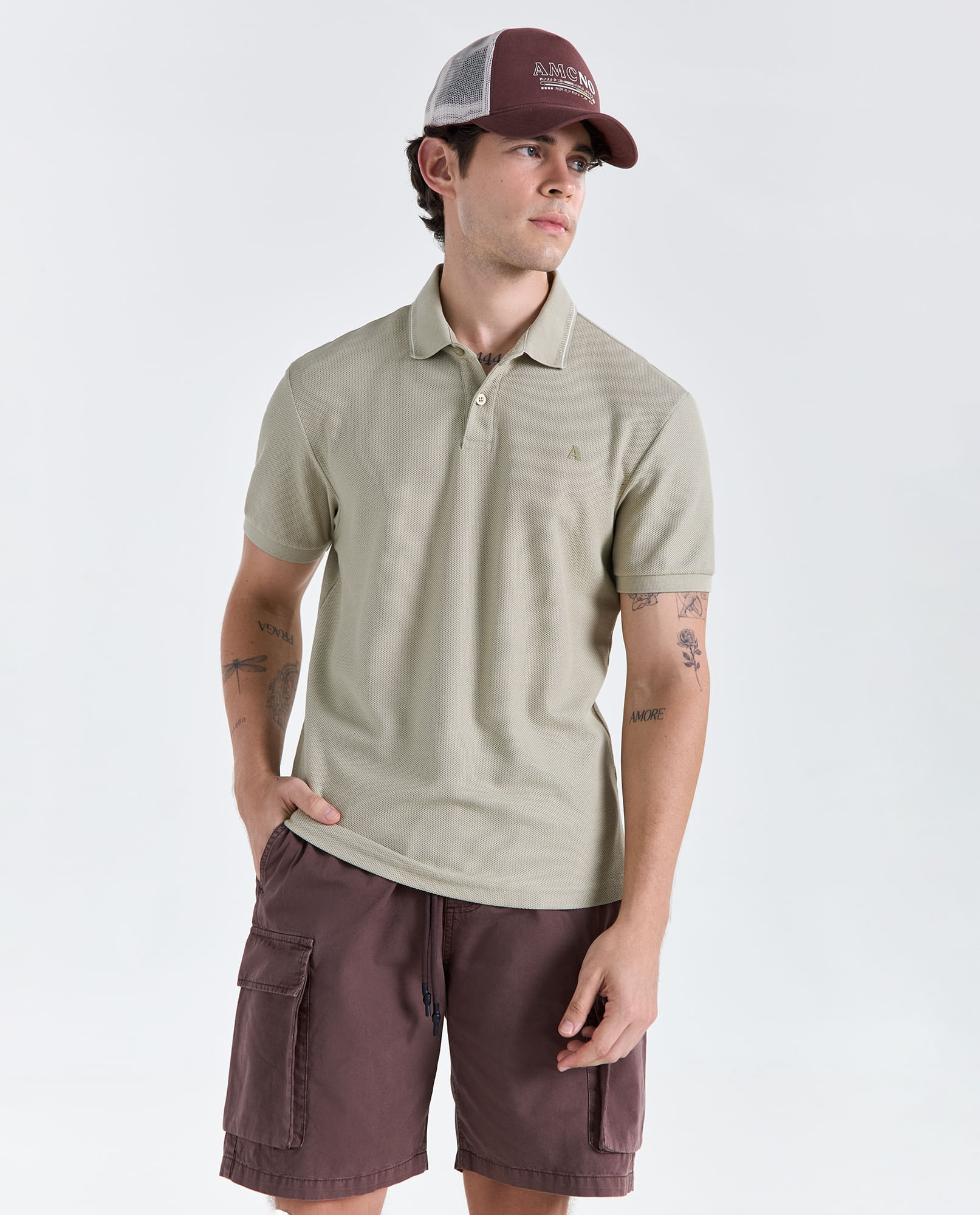 Camisa piqué manga corta cuello botones para hombre