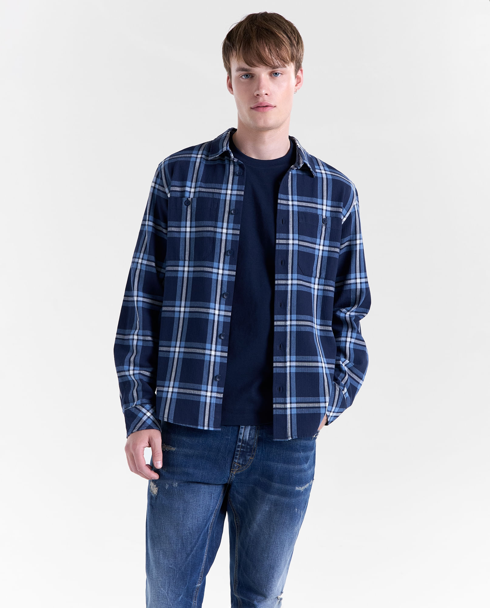 Camisa cuadros manga larga cuello clásico para hombre