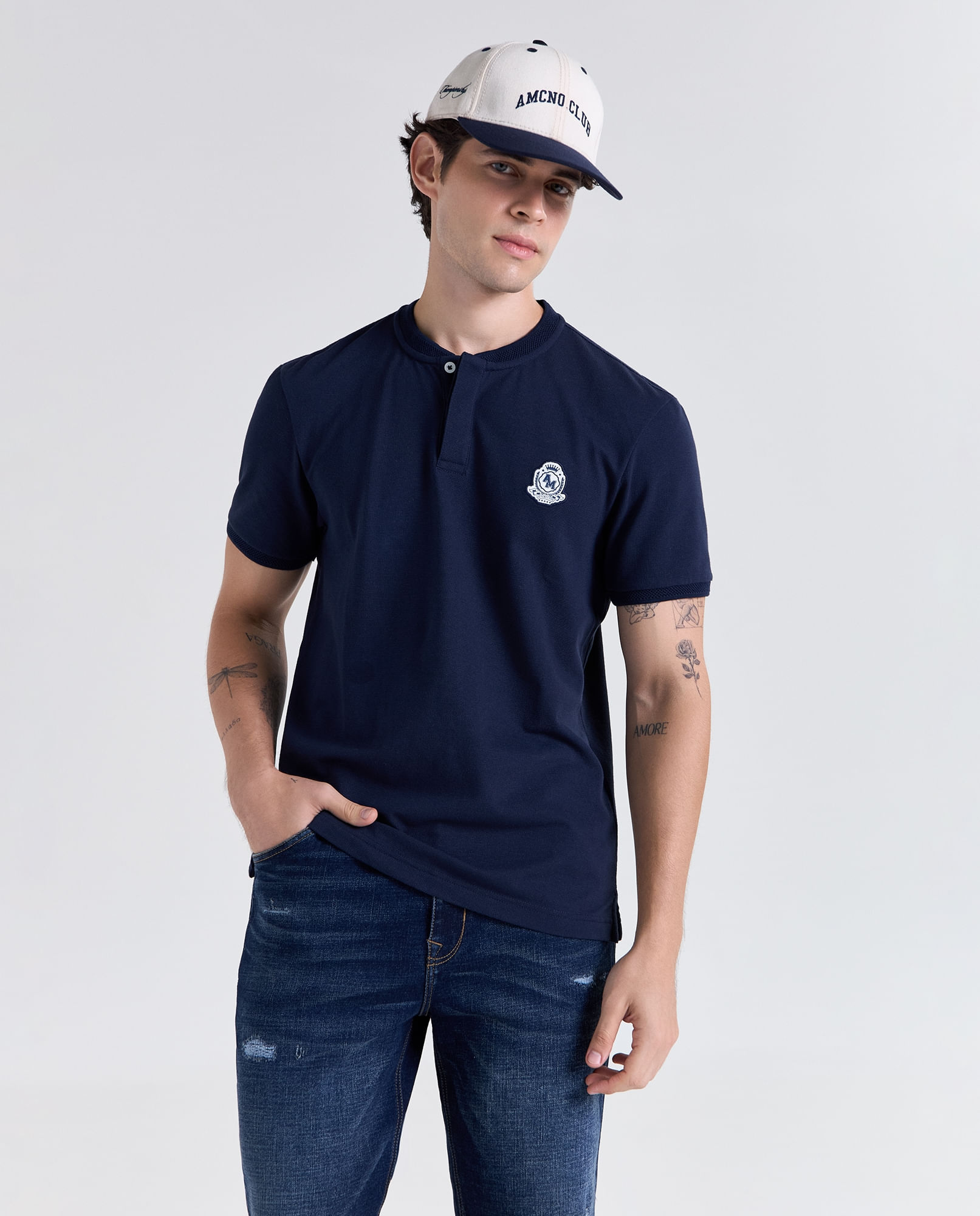 Camisa efecto manga corta cuello Neru para hombre