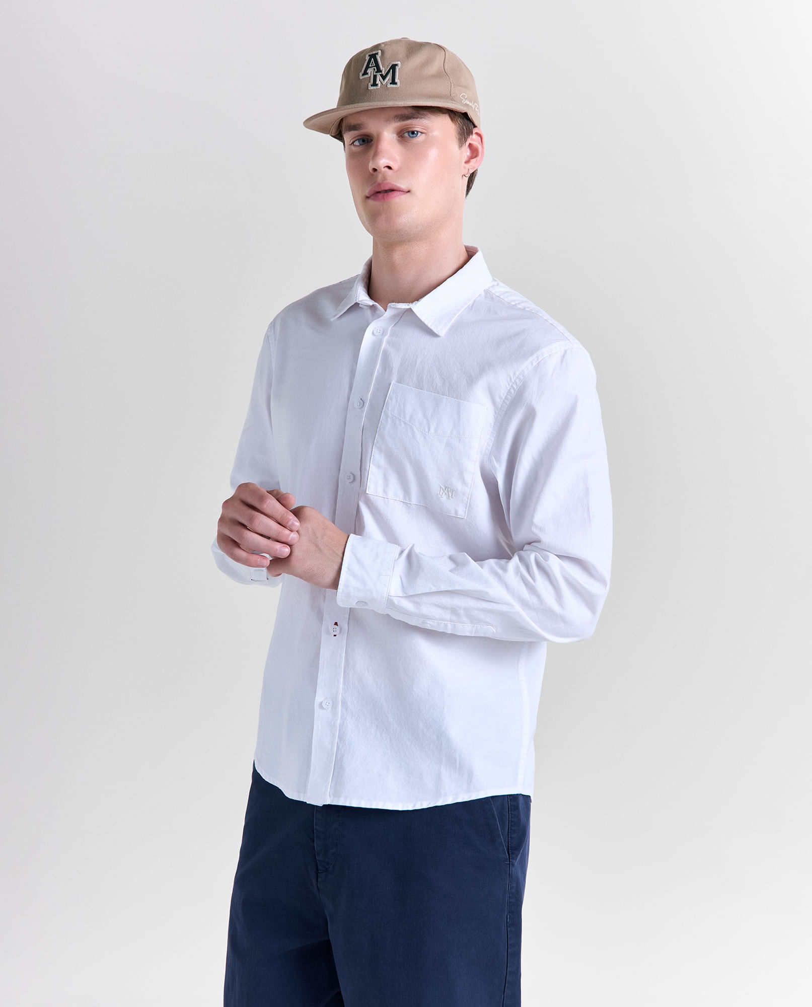 Camisa efecto bordado manga larga cuello camisero para hombre