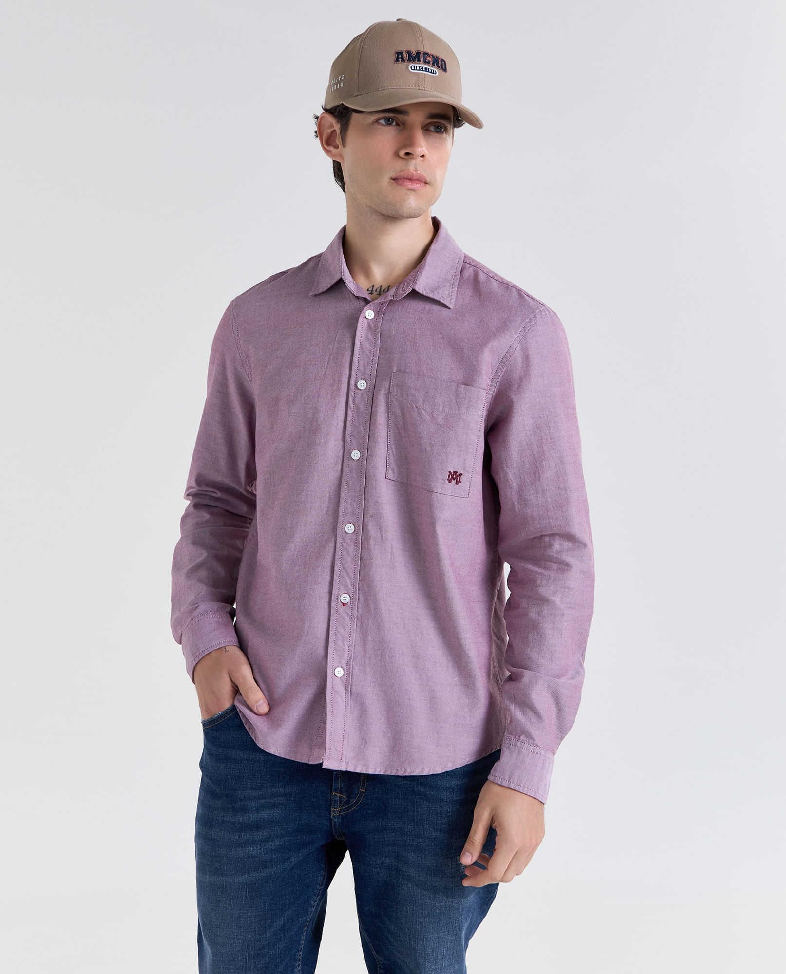 Camisa efecto bordado manga larga cuello camisero para hombre