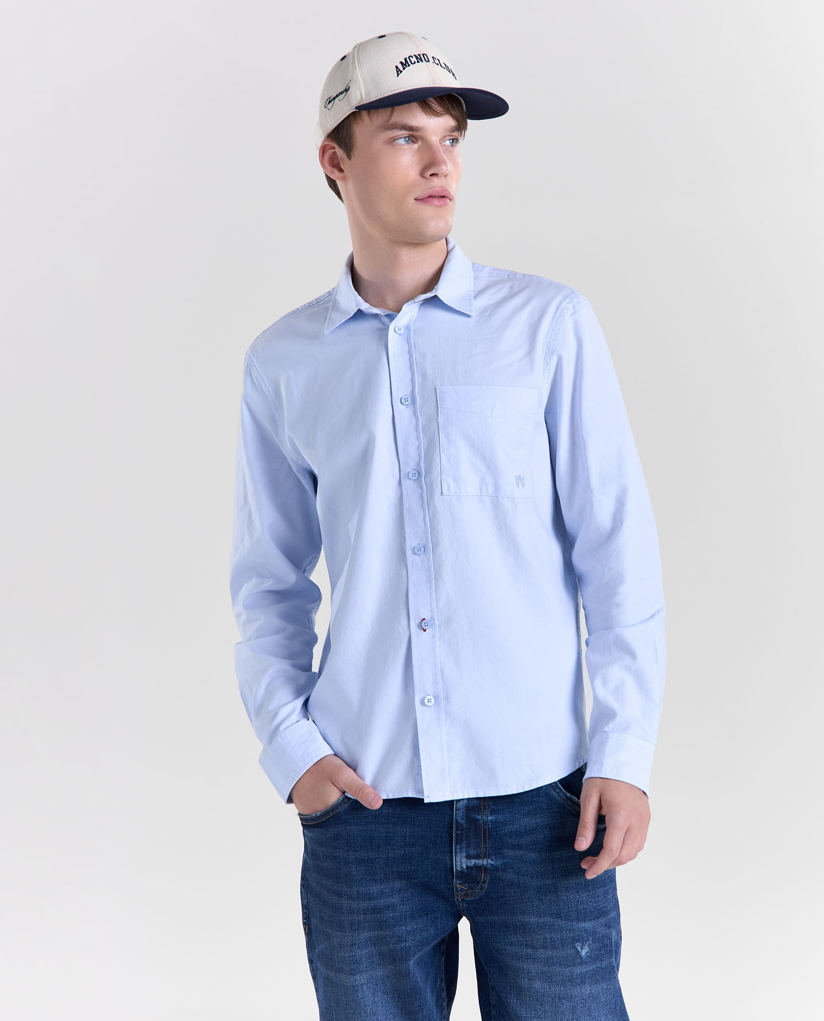 Camisa efecto bordado manga larga cuello camisero para hombre