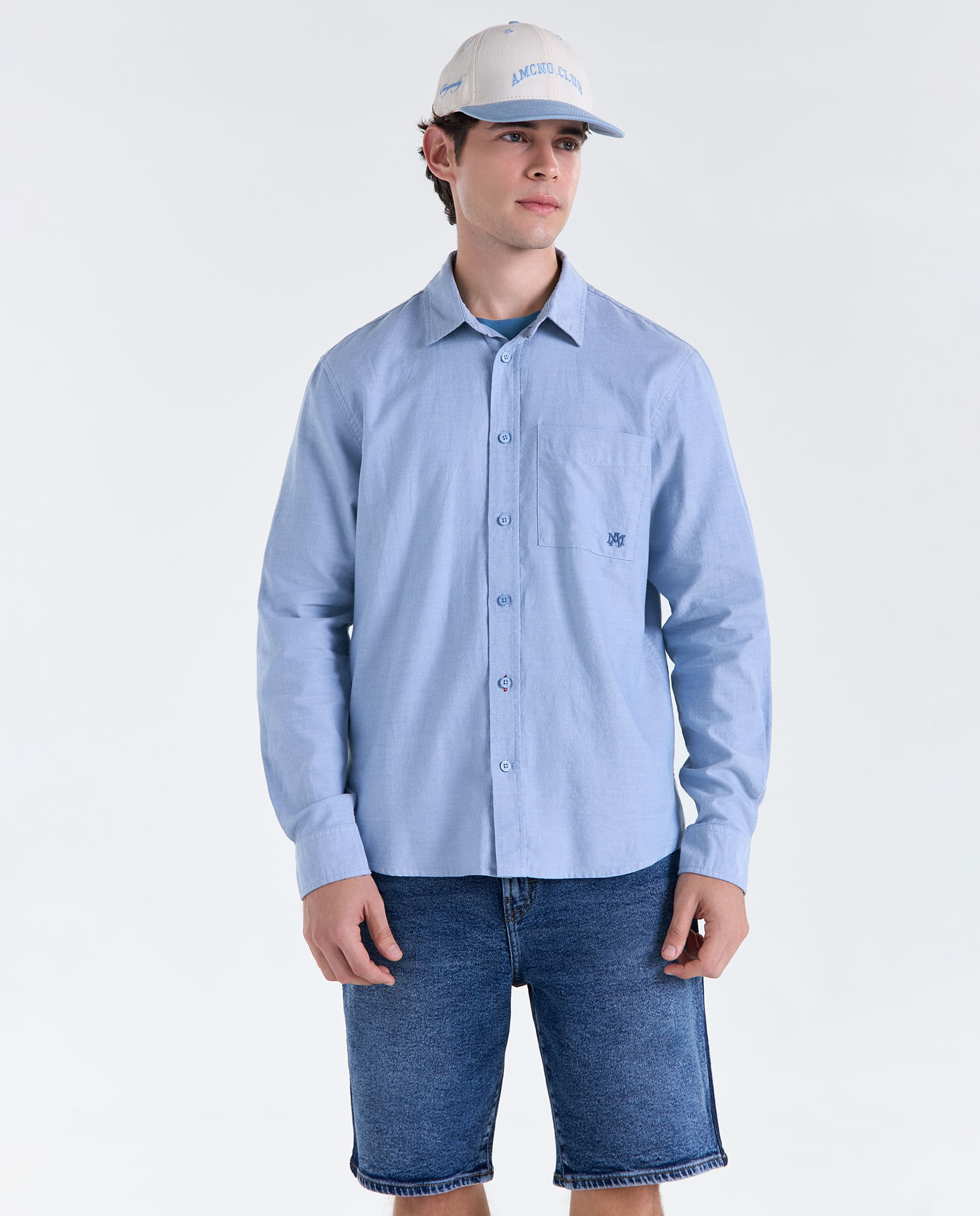 Camisa efecto bordado manga larga cuello camisero para hombre