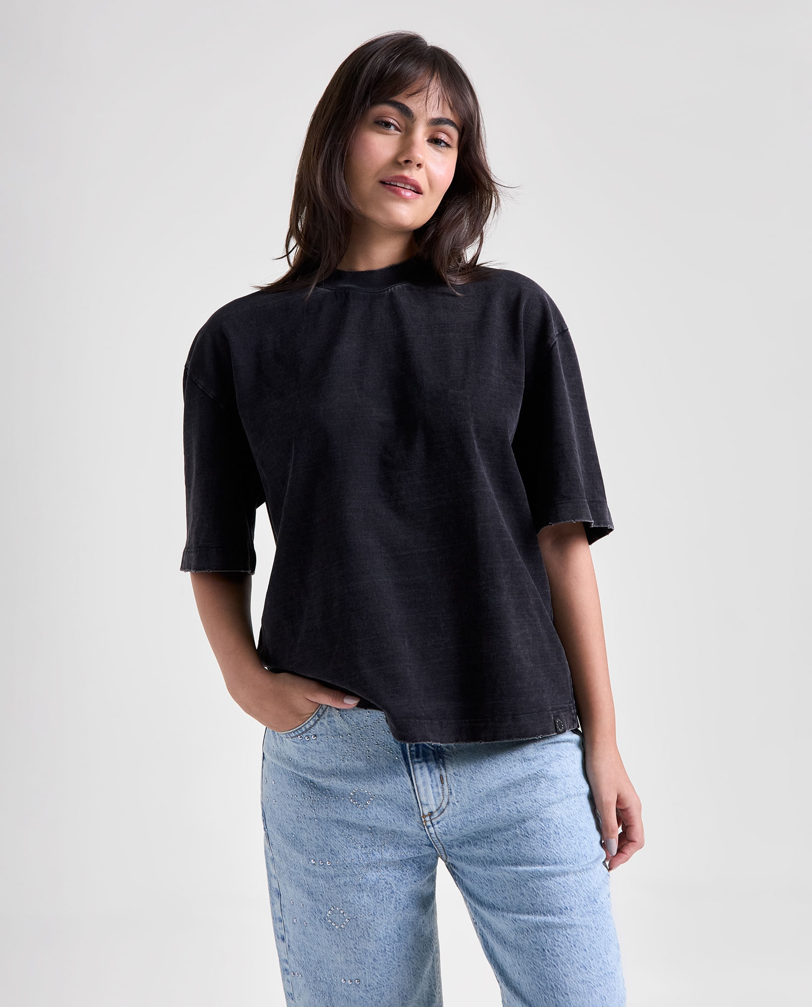 Camiseta efecto manga corta cuello redondo para mujer
