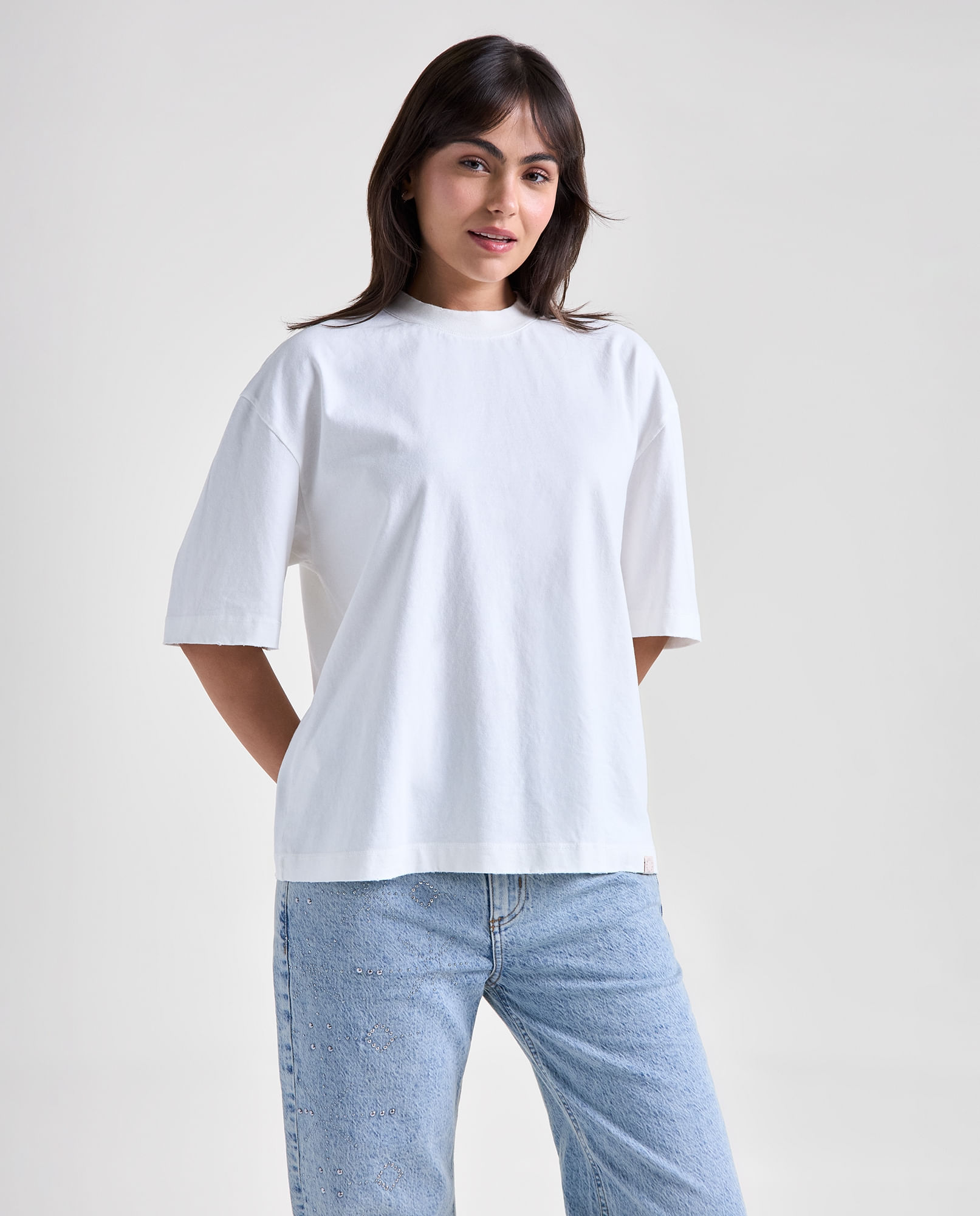 Camiseta efecto manga corta cuello redondo para mujer