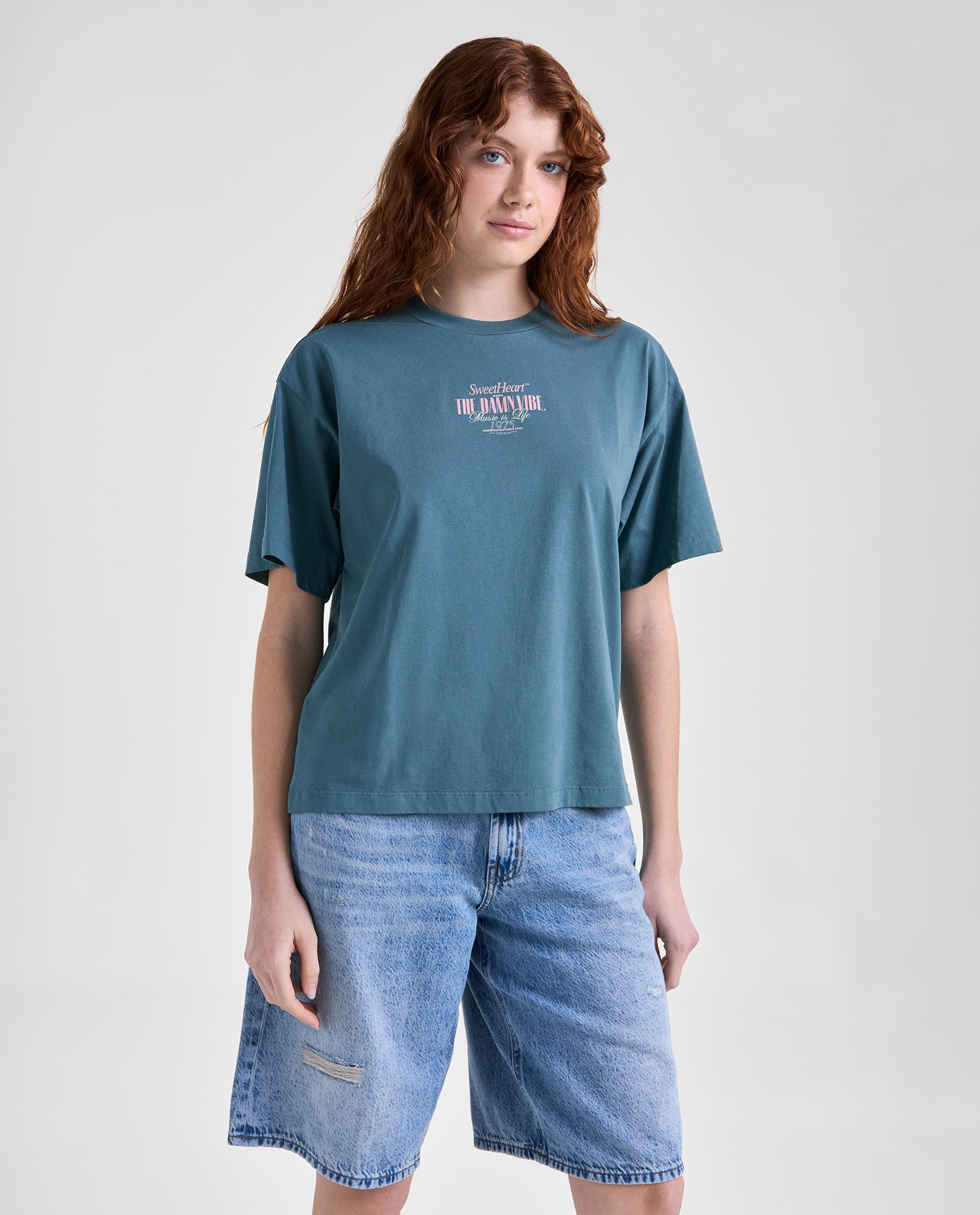 Camiseta estampado localizado manga corta cuello redondo para mujer