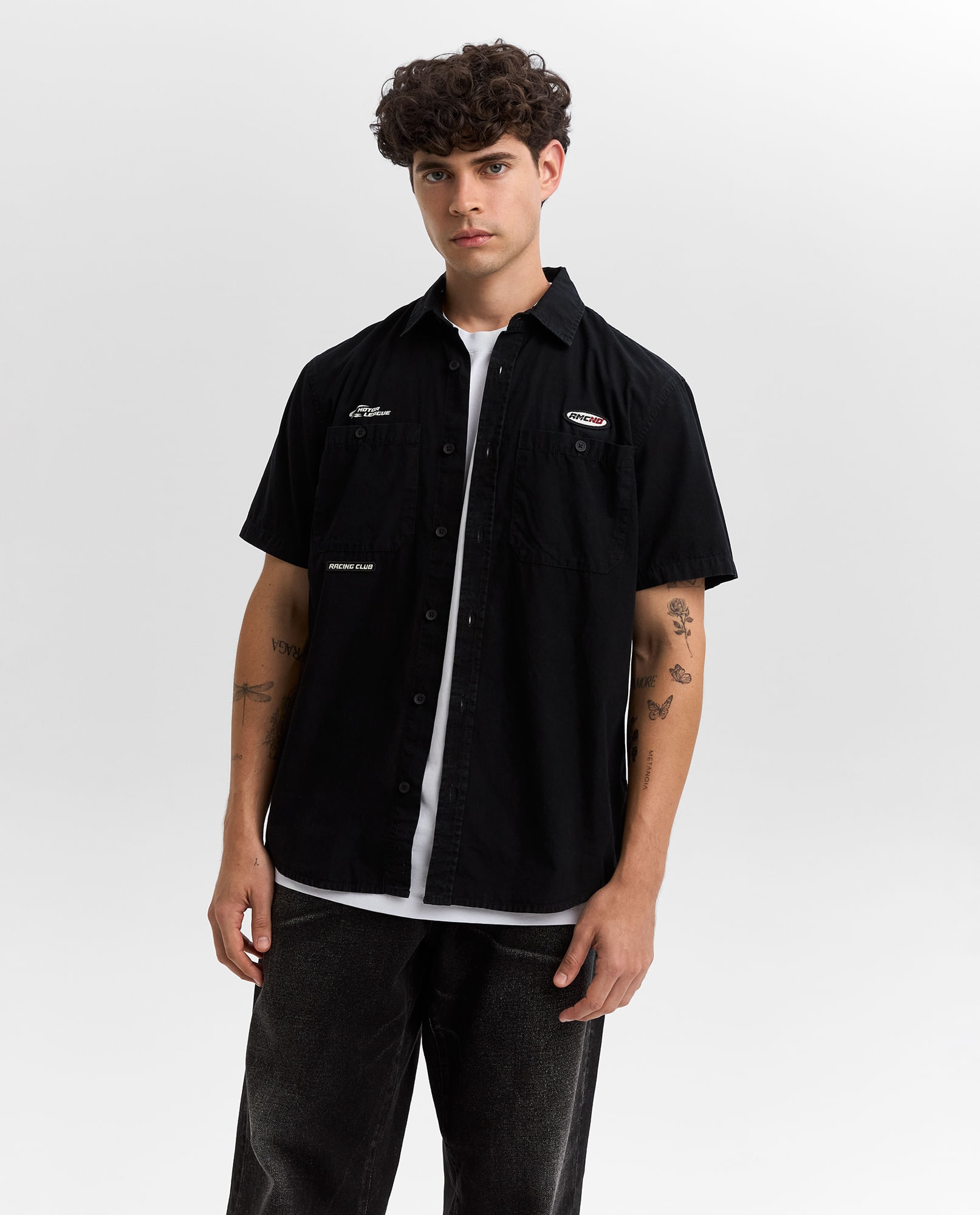Camisa bordado manga larga cuello camisero para hombre