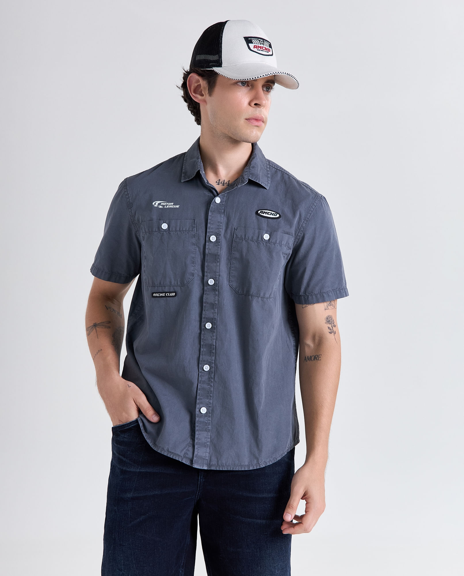 Camisa bordado manga larga cuello camisero para hombre