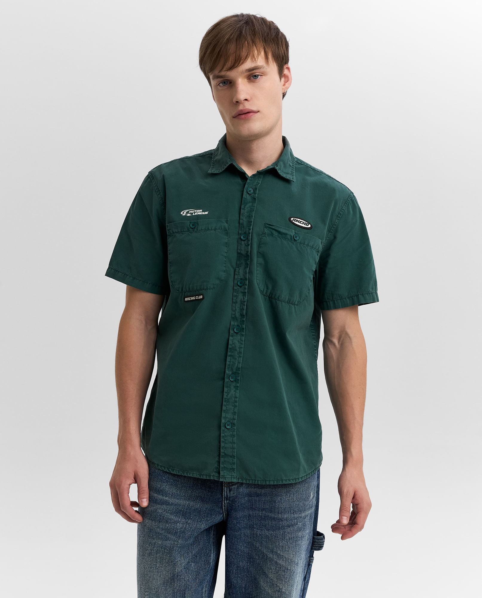 Camisa bordado manga larga cuello camisero para hombre