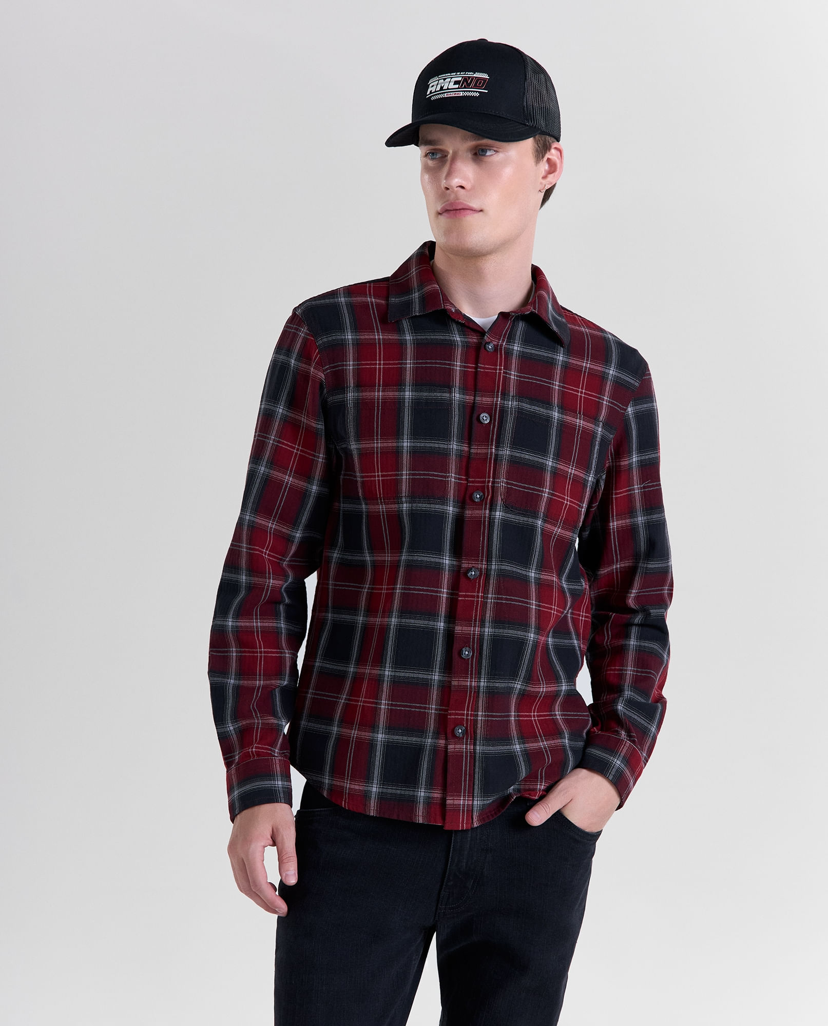 Camisa a cuadros manga larga cuello camisero para hombre
