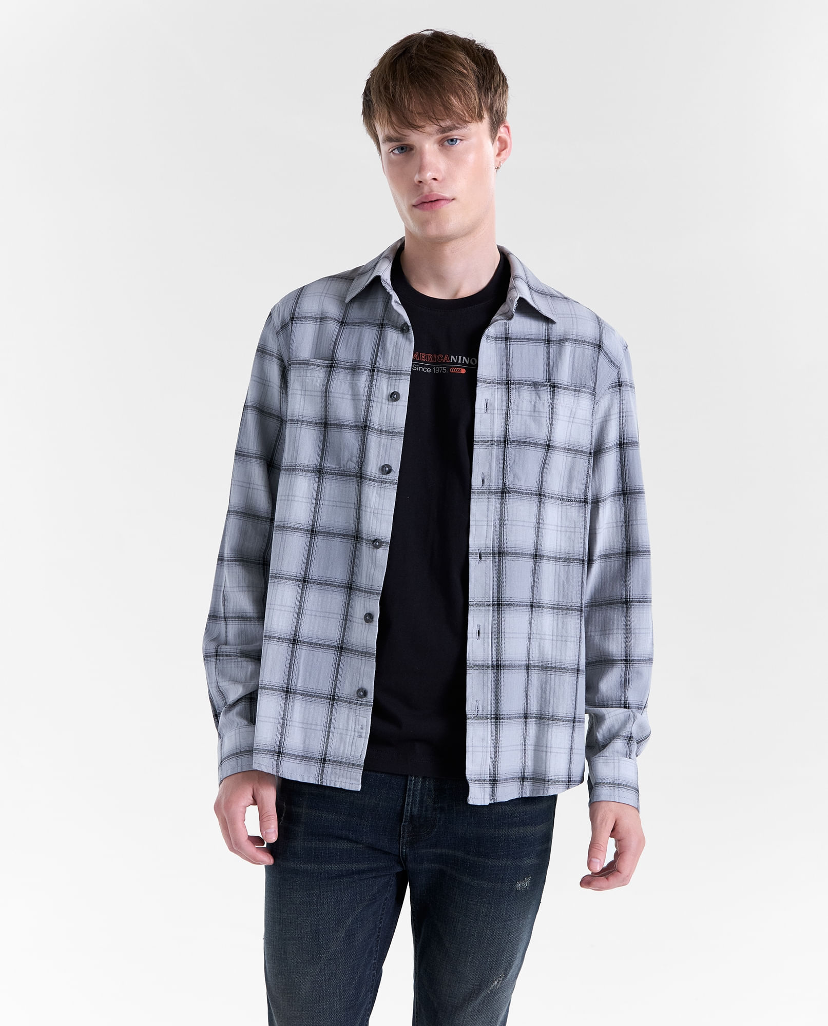 Camisa a cuadros manga larga cuello camisero para hombre