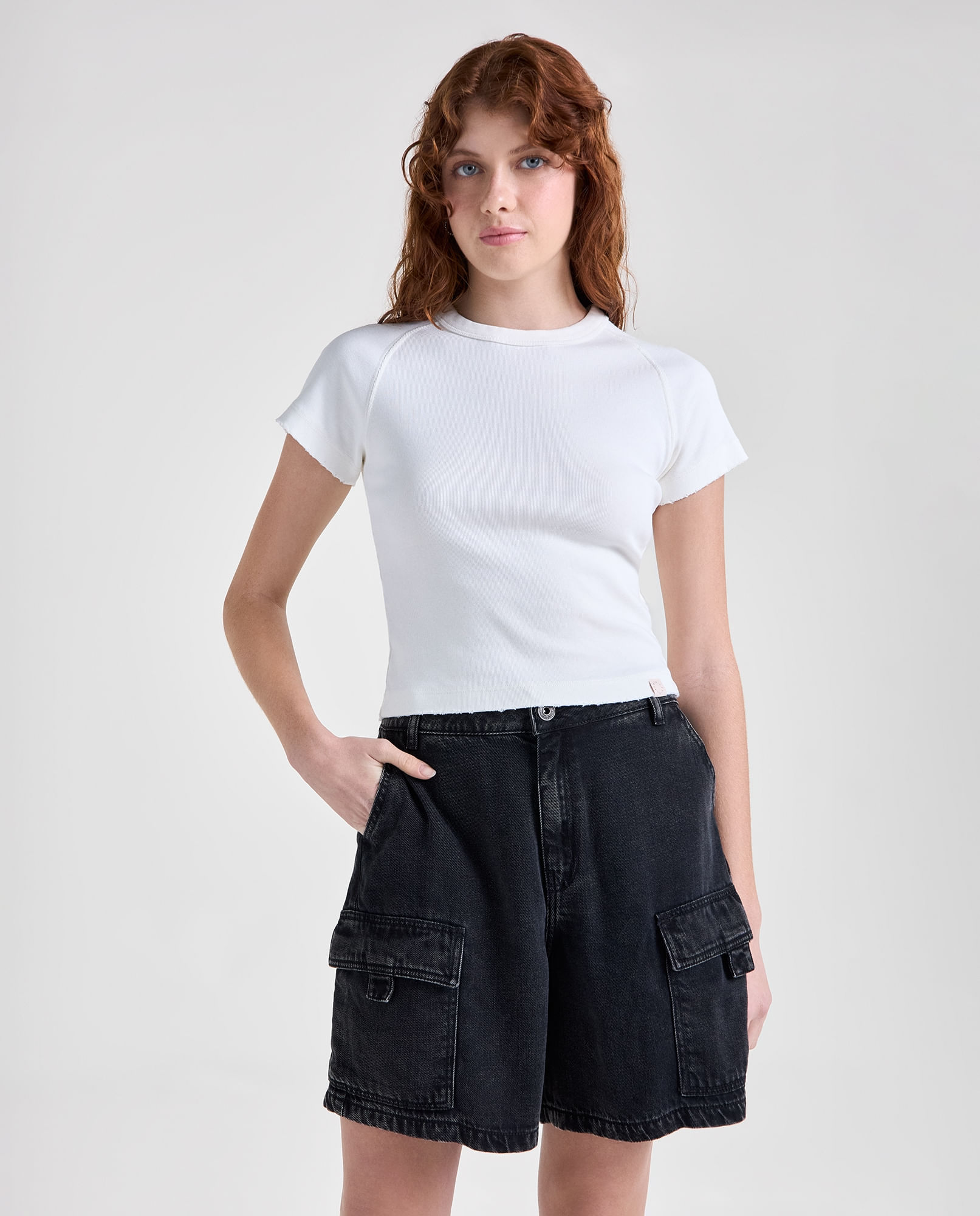 Camiseta efecto manga corta cuello redondo para mujer