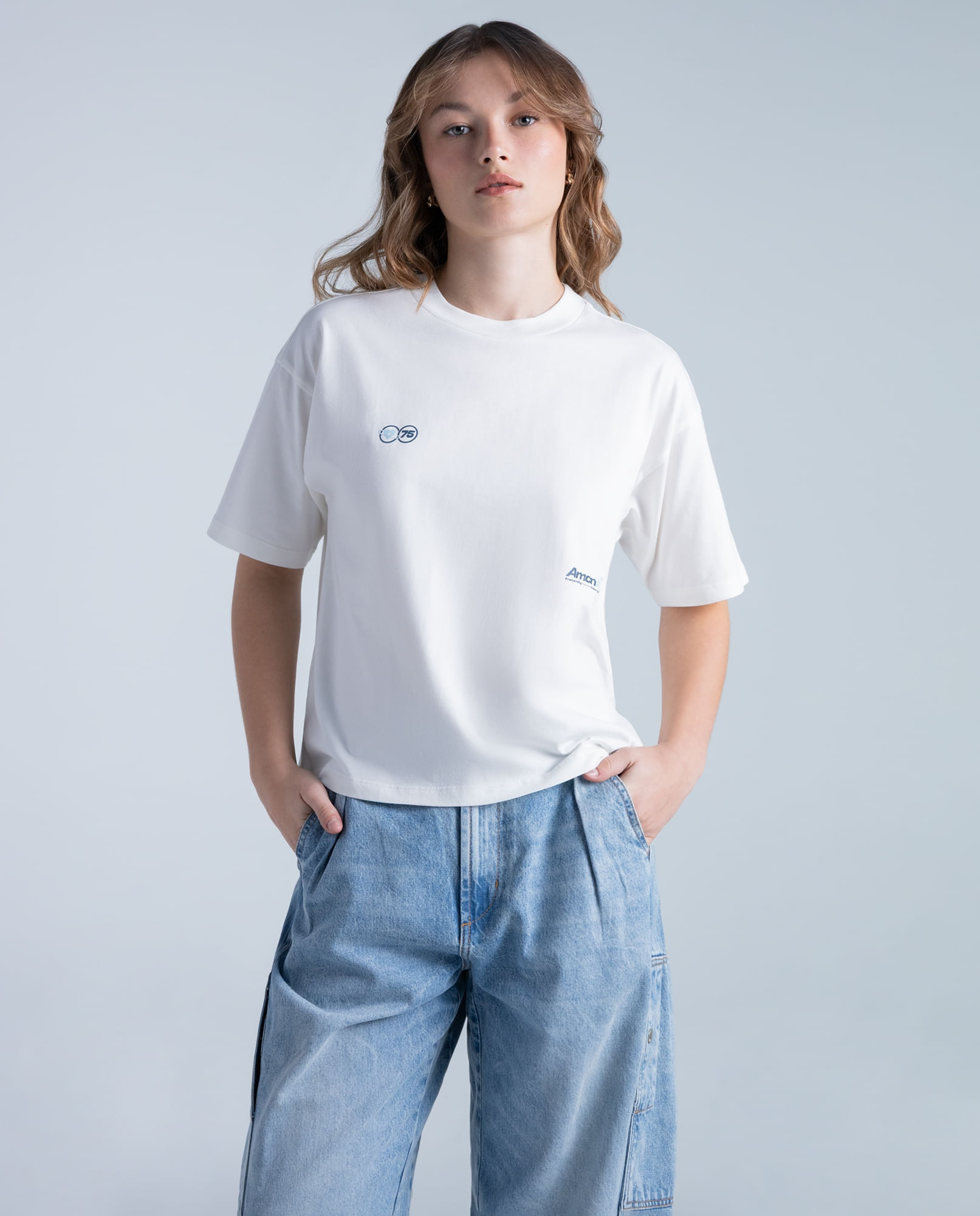 Camiseta estampado localizado manga corta cuello redondo para mujer