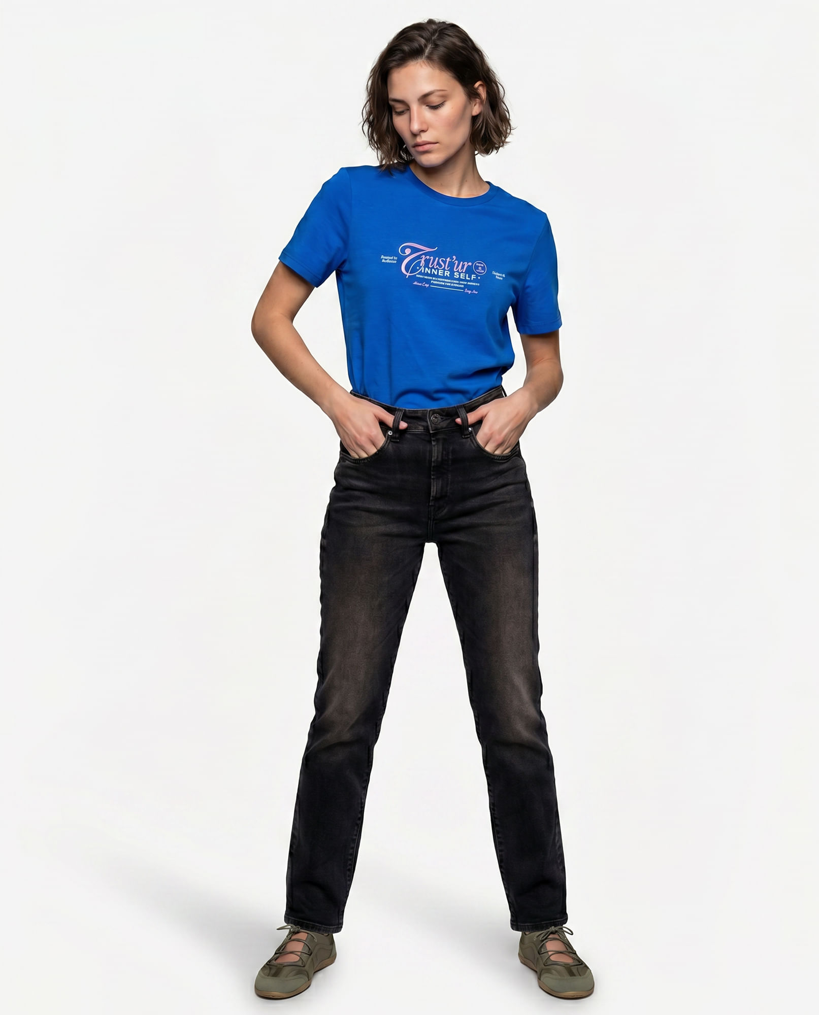 Camiseta estampado localizado manga corta cuello redondo para mujer