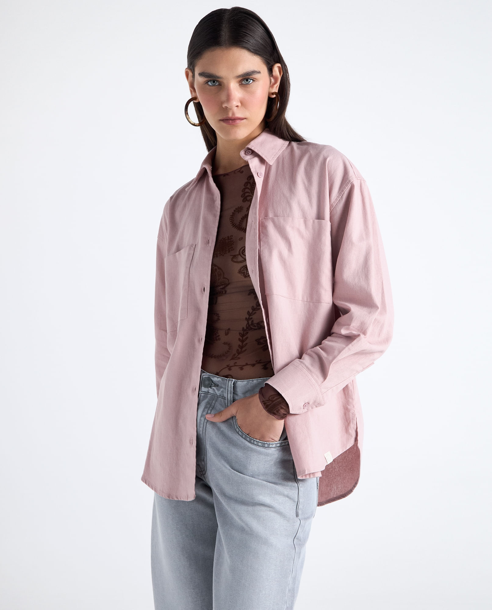 Camisa textura manga regular cuello camisero para mujer
