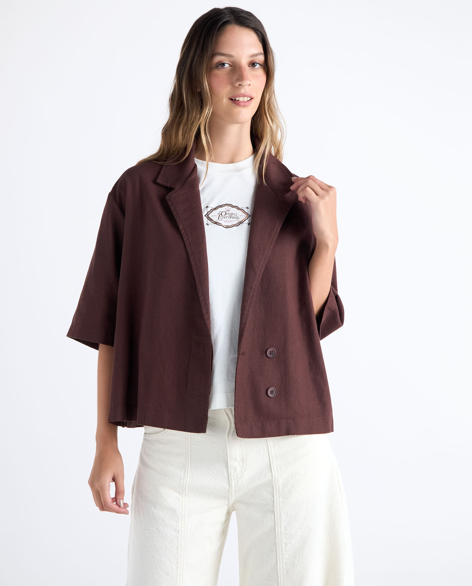Camisa textura manga media cuello en V para mujer