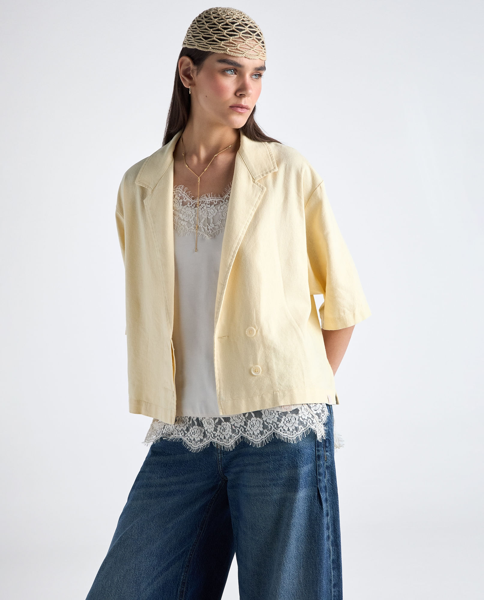 Camisa textura manga media cuello en V para mujer